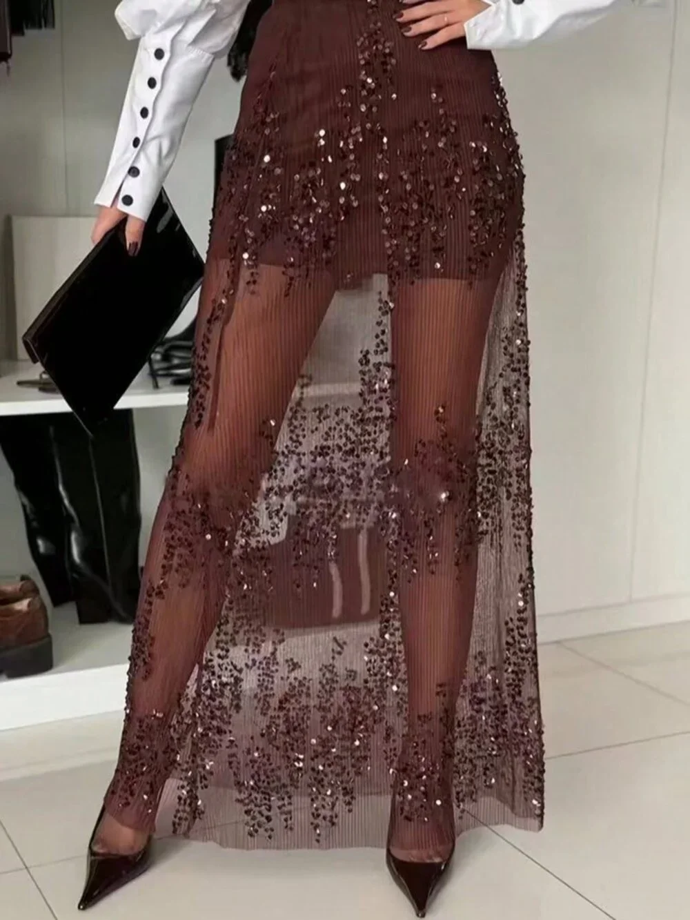 Coffee Brown Elegant Women's Sequin Embroidery High Waist Maxi Skirt